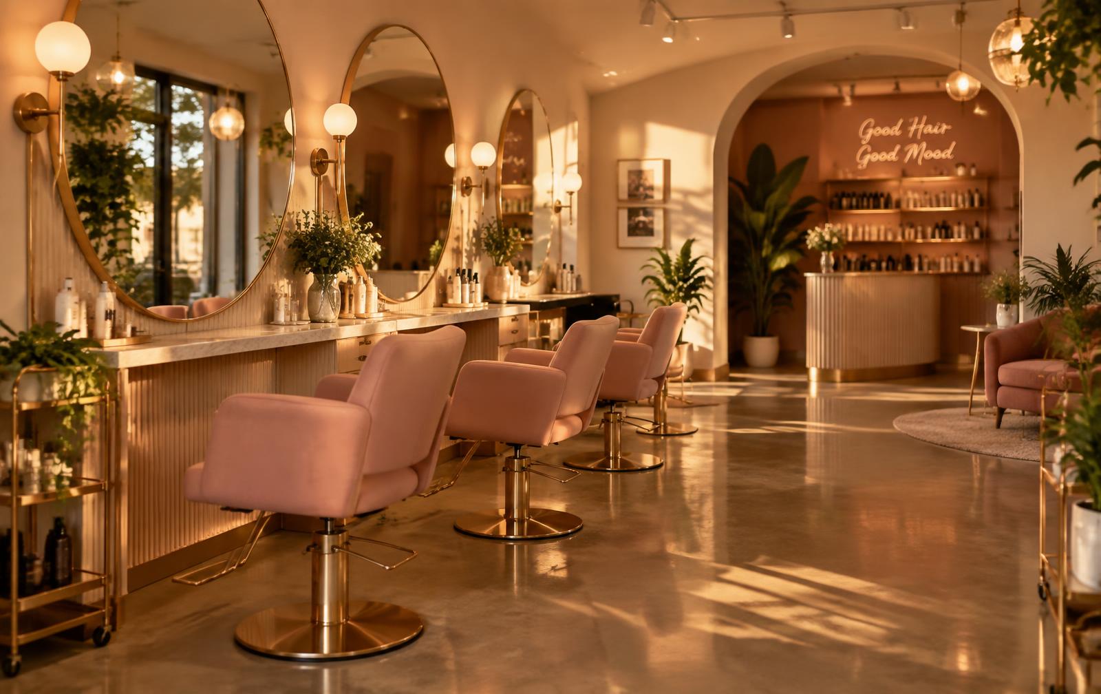 Fictional Bella Roots Salon interior with blush chairs and brass lighting