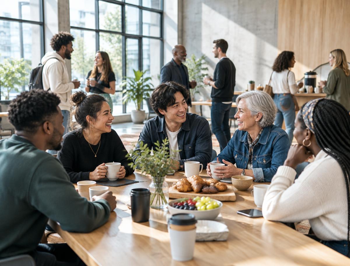 Fictional community gathering in a bright contemporary space