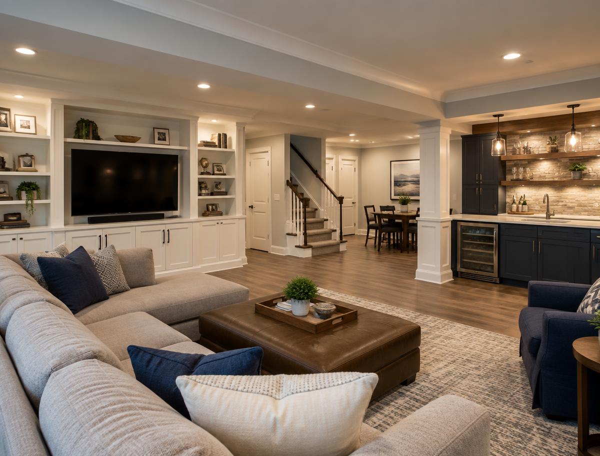 Fictional after photo: the finished lower level with a family room, wet bar, and built-in storage