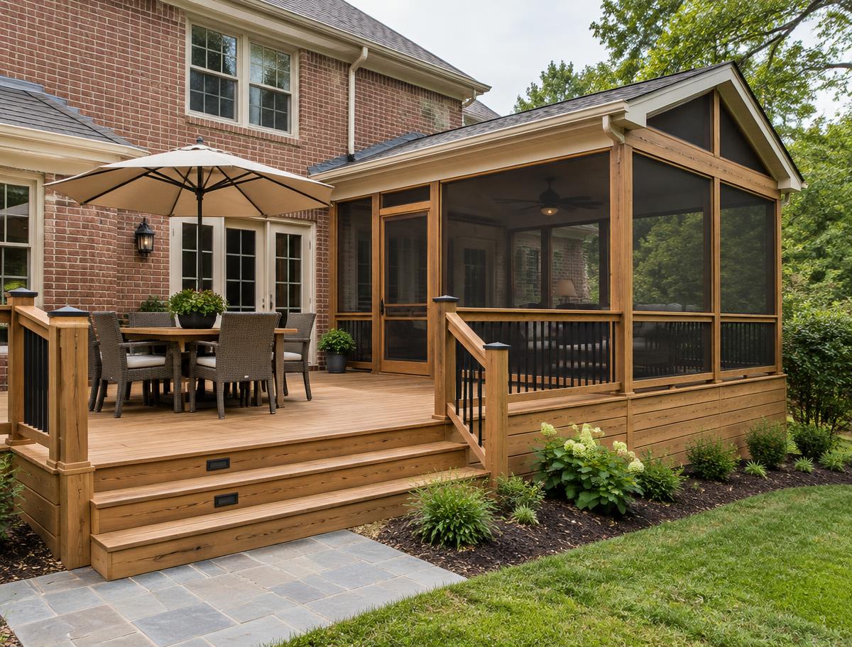 Fictional after photo: the new cedar deck and screened room at dusk, ready for three-season use