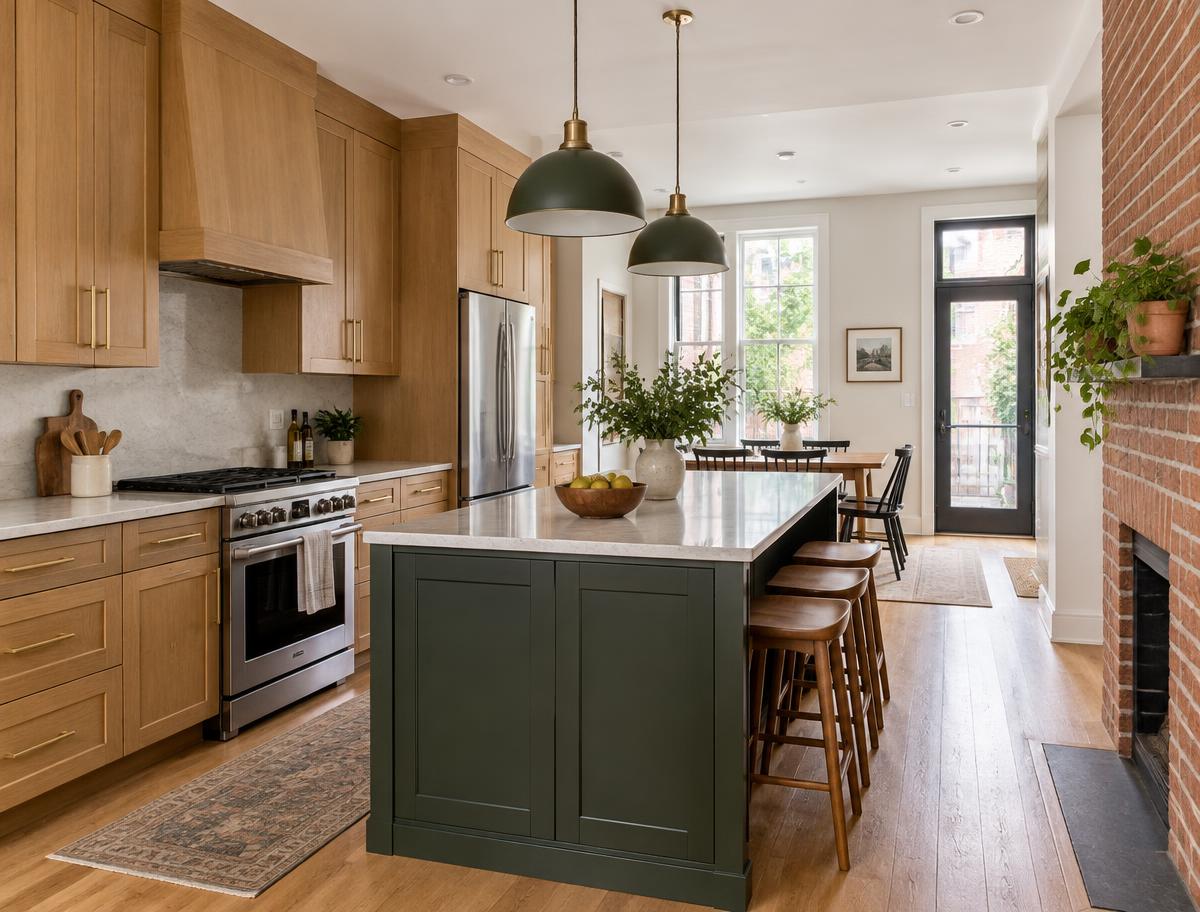 Fictional after photo: the same narrow rowhouse kitchen opened into a warm, renovated gathering space