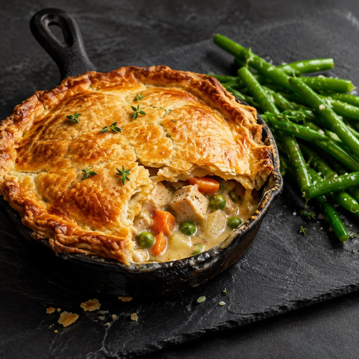 Chicken pot pie in a cast-iron skillet with green beans