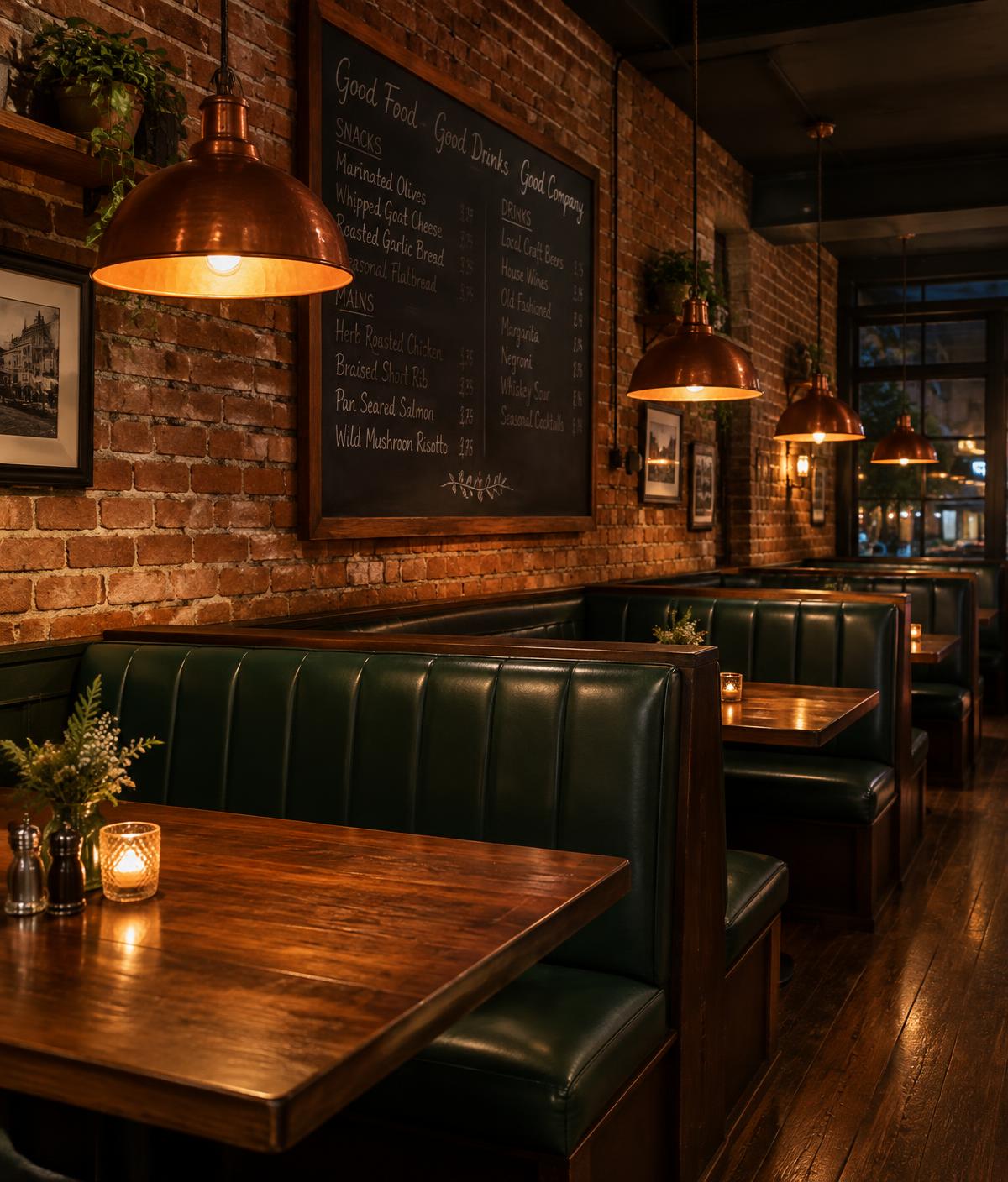 The Copper Kettle dining room with booths and copper lights